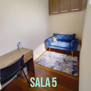 Sala 5, ambiente acolhedor com sofá e escrivaninha